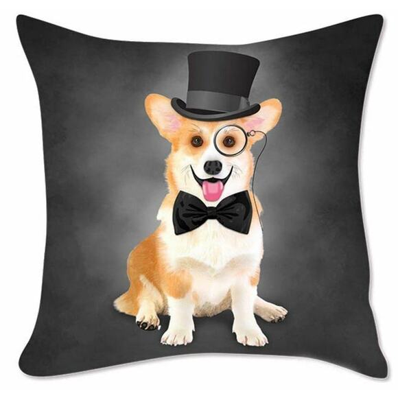 New Cultured Corgi Puppy Dog Top Hat Monocle & Tie Pillow Cover Home Gift - Picture 1 of 2